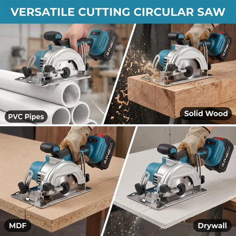 5 Inch Cordless Circular Saw Kit With Brushless Motor 6000 RPM cutting PVC pipes, solid wood, MDF, and drywall.