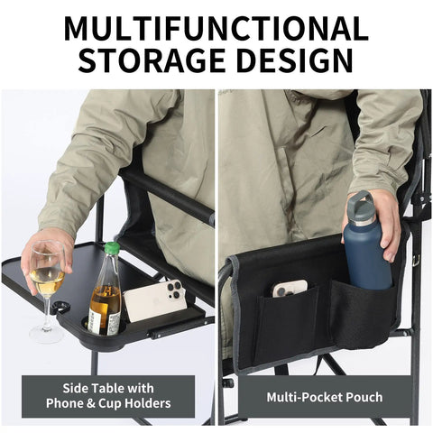Heavy Duty Folding Camp Chair With Adjustable Canopy And Side Table showing multifunctional storage, cup holders, and pockets