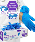 Nitrile Vinyl Blend Exam Gloves Powder Free Latex Free Disposable Non Sterile Blue Large Box Of 100 displayed with gloved hand