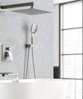 Brushed Finish Shower System With Multi Function Faucet, Rain Head And Handheld Sprayer, High Flow Water Pressure in modern bathroom