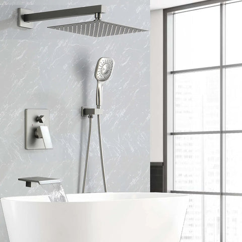Brushed Finish Shower System With Multi Function Faucet, Rain Head And Handheld Sprayer, High Flow Water Pressure in modern bathroom