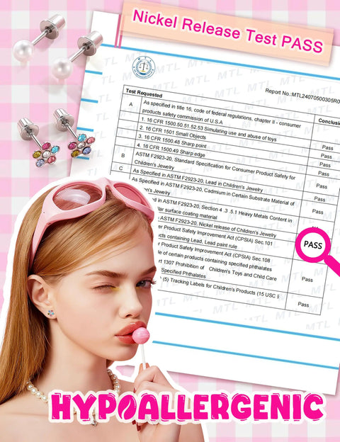 16 Pairs Hypoallergenic Screw Back Earrings Set For Girls And Kids Featuring CZ Studs, Pearl, Heart, Star, Flower And Ball Designs In Stainless Steel, Super Cute And Safe For Sensitive Ears. nickel release test pass image with girl wearing studs