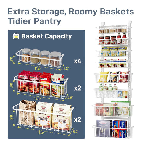 Over The Door Pantry Organizer Eight Tier With Adjustable Baskets Metal Hanging Spice Rack For Kitchen Pantry Laundry Room And Bathroom Storage White Space Saver showcasing basket capacity.