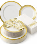 Heavy Duty White Plastic Plates With Gold Trim 175 Piece Bulk Party Essentials, dinnerware set with gold trim and cutlery.