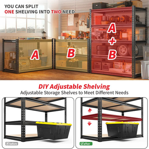 Must-Have Heavy Duty Garage Shelving Unit With Five Adjustable Tiers 2400 Pounds Capacity Metal Storage Racks split setup