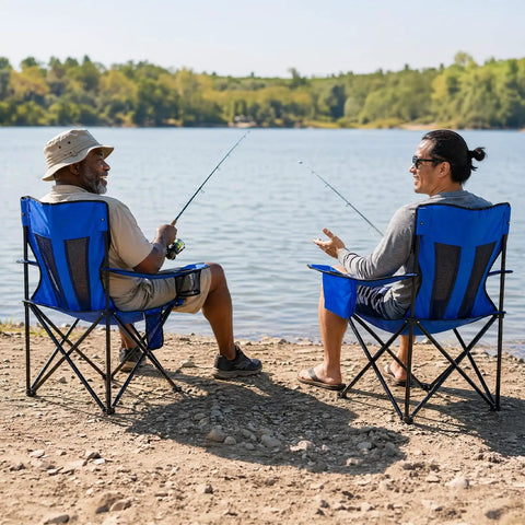 Two Pack Heavy Duty Folding Camping Chairs With 4 Can Cooler Bag And Cup Holder, Breathable Mesh Back, Built Tough For Outdoor Fun