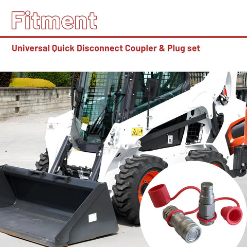 3/8 Inch Flat Face Hydraulic Quick Connect Coupler Set With 3/8 Inch NPT Thread ISO 16028 Standard And Dust Caps next to skid steer