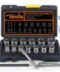 Open case with 16 Piece Bolt Extractor Kit For Stripped Rusted And Broken Nuts And Screws With Three Eighths Inch Drive Impact Adapter