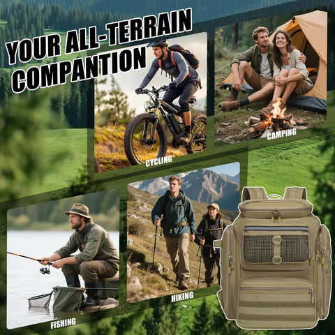 Fishing Backpack 45L With Rod Holders, Water Resistant Tackle Storage Pack For Fishermen, Outdoor gear illustration for hiking and camping.