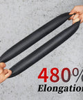 Two hands stretching 3.00 8 inner tube with TR87 angled stem for wheelbarrows, lawn mowers, and go karts showing 480% elongation.