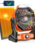 Rechargeable Solar Camping Fan With Led Lantern, 8-Inch Portable Outdoor Fan With Solar Panel shown in vibrant orange