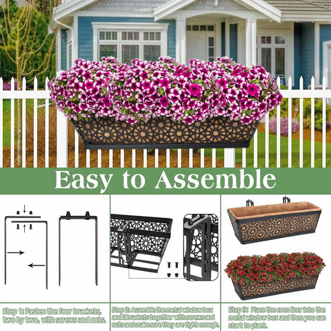 Heavy Duty 24 Inch Metal Planter Boxes For Windowsill And Balcony Railings With Coco Coir Liners 2 Pack Rustproof Powder Coated Finish