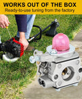 Carburetor Replacement For 25cc Weed Eater Trimmer Fits WS2200 WS210 WC2200 shown with installation example on grass.