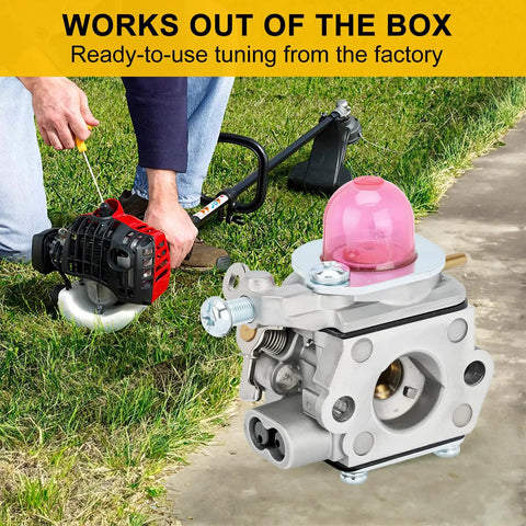 Carburetor Replacement For 25cc Weed Eater Trimmer Fits WS2200 WS210 WC2200 shown with installation example on grass.