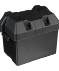 Rock Solid Marine Battery Box For Group 24 Packs Uscg Certified Polyethylene Shell with secure lid and sturdy grip handle.