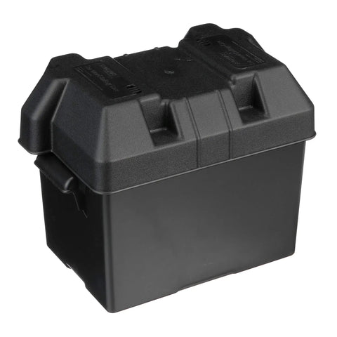 Rock Solid Marine Battery Box For Group 24 Packs Uscg Certified Polyethylene Shell with secure lid and sturdy grip handle.