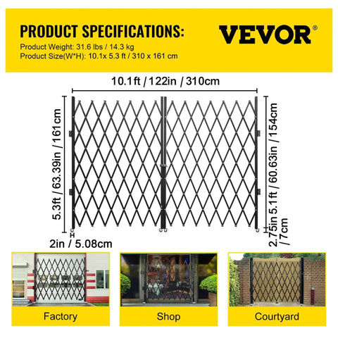 Tough As Nails Double Folding Security Gate Steel Accordion Expanding Barrier with product specifications on a yellow background.