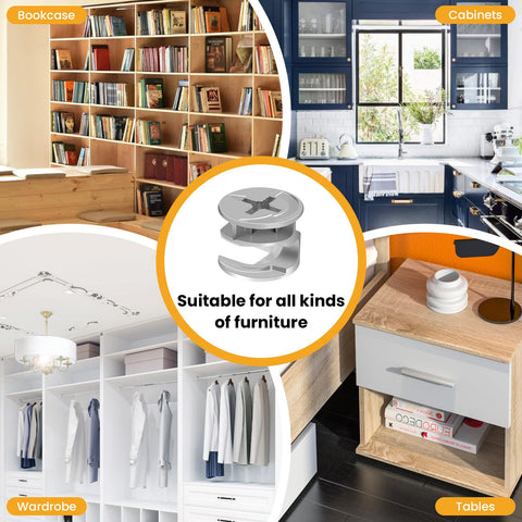 Cam Lock Fasteners Set For Cabinets And Wardrobes, 40 Pcs 15mm By 11mm Zinc Alloy Nickel Plated Cam Lock Nuts with furniture examples