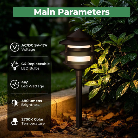 Pagoda Low Voltage Landscape Path Lights 12V Outdoor LED Bronze Three Tier Lanterns Replaceable 4W 2700K G4 Bulb Aluminum Walkway Lighting For Garden Durable Weather Resistant Classic Yet Modern Six Pack showing main parameters