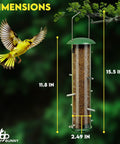 Outdoor Bird Feeder With 16 Ports For Thistle And Nyjer Seeds, Easy Hang Chew Proof Metal Design With 8 Perches and dimensions.