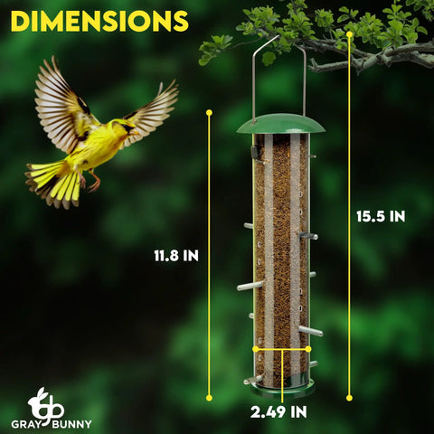 Outdoor Bird Feeder With 16 Ports For Thistle And Nyjer Seeds, Easy Hang Chew Proof Metal Design With 8 Perches and dimensions.