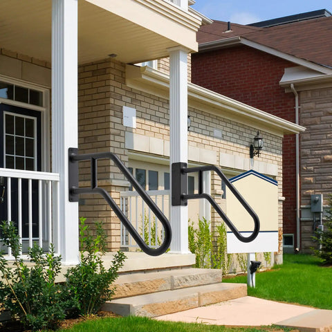Heavy Duty 28 Inch Outdoor Handrails For 1 To 3 Step Stairs Non Slip Door Jamb Corner Mount Grab Bars U Shape Safety Handle For Garage Porch Garden Left And Right Handed installed on a residential porch
