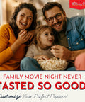 Family enjoying a movie night with popcorn, using Premium Stainless Steel Stove Top Popcorn Maker With Patented Stirring Gears.