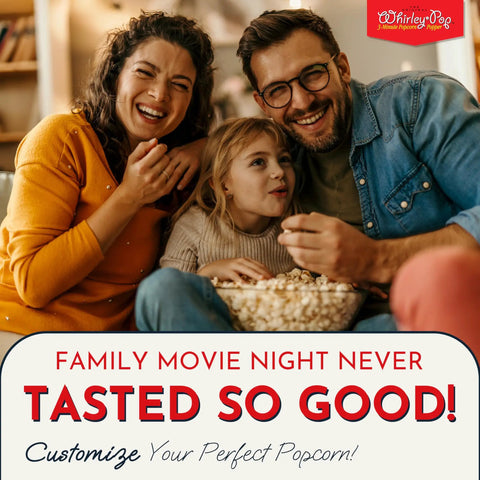 Family enjoying a movie night with popcorn, using Premium Stainless Steel Stove Top Popcorn Maker With Patented Stirring Gears.