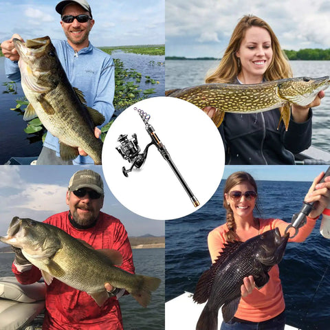 Anglers holding fish with Carbon Fiber Telescopic Fishing Rod Kit, ideal for newbies in saltwater and freshwater angling, 2.1m gear set.