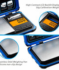 Precision Pocket Scale 200G 0.01G Digital Gram Scale With LCD Display showing calibration weight and stainless steel pan