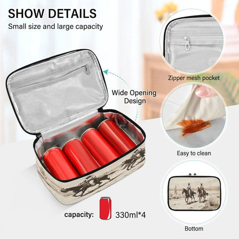 Desert Cowboys Insulated Lunch Bag With Leakproof No Spill Design showing wide opening and zippered mesh pockets.