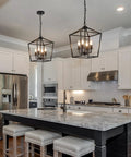 Four Light Farmhouse Industrial Lantern Cage Pendant Light In Gun Black Finish for kitchen island, UL listed rustic vibe