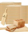 50-pack bamboo cutting boards with handles, 11x5 inches, stacked; bread slices shown on a board