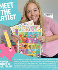 Artist holding Laminated Preschool Poster Set For Toddlers And Kindergartners 16 Colorful Educational Posters for learning activities.