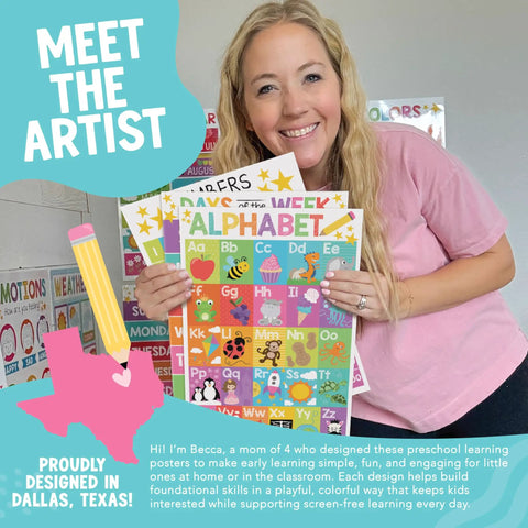 Artist holding Laminated Preschool Poster Set For Toddlers And Kindergartners 16 Colorful Educational Posters for learning activities.