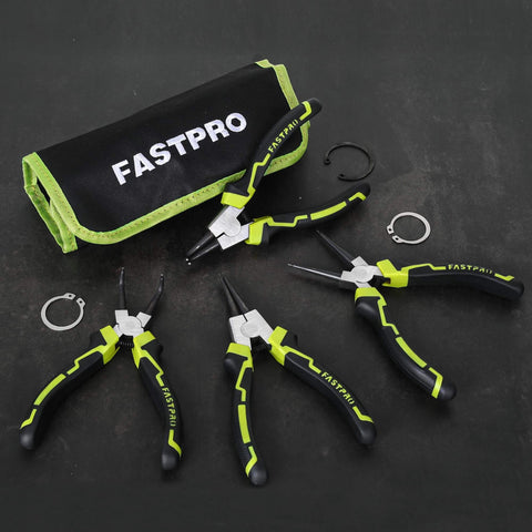 4-Piece 7-Inch Snap Ring Pliers Kit Pro Grade Internal And External Circlip Pliers Set with pouch on black background