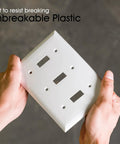 Hands holding Triple Wall Plate Cover For 3 Gang Switches And Outlets White DIY Friendly With Screws Included 6.5 Inches By 4.5 Inches