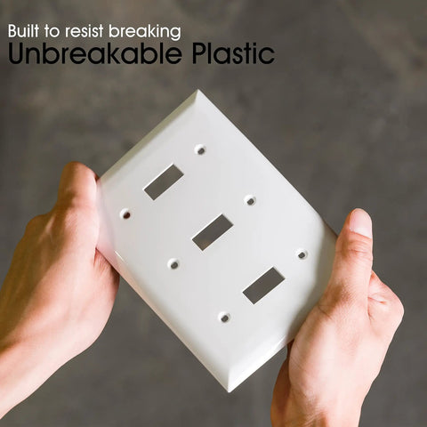 Hands holding Triple Wall Plate Cover For 3 Gang Switches And Outlets White DIY Friendly With Screws Included 6.5 Inches By 4.5 Inches