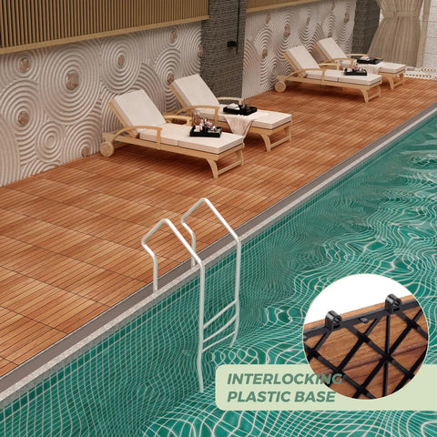 Interlocking Acacia Wood Deck Tiles Pack Of 10 12x12 Inches Waterproof All Weather Outdoor Patio Flooring By Pool