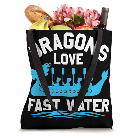 Fast Water Dragon Boat Tote Bag for Racing Crews And Water Sports Enthusiasts, black bag with dragon design and cotton straps.