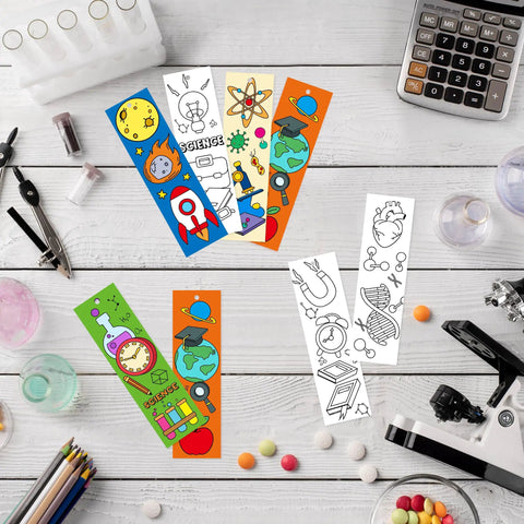 Color Your Own Science Bookmarks Set For Kids Kid Approved 72 Pcs DIY Chemistry Lab Astronaut Themed Coloring Bookmarks displayed on desk