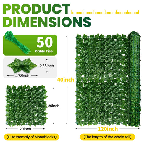 120 By 40 Inch Faux Ivy Privacy Fence Screen With A Reinforced Plastic Grid Base That Stays Put For Patio Balcony Garden Backyard Indoor Outdoor Decor Easy To Install. Image shows product dimensions with cable ties.