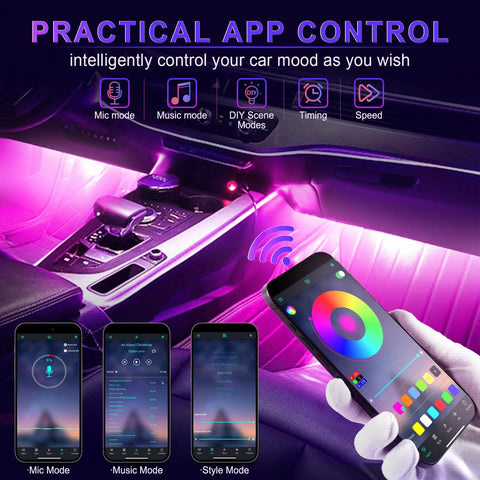 Lit Interior Car Lights With App Control And RGB LED Colors, Music Mode And DIY Mode, smartphone app interface displayed.