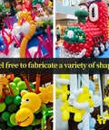 Colorful twisted balloon creations including animals and shapes using 100 Pcs Clear Long Latex Model Balloons No Fuss Twisting Surface Prime Grade Heavy Duty Rubber For Kids Party Carnival Decor And Big Time Sculpture Art Projects.
