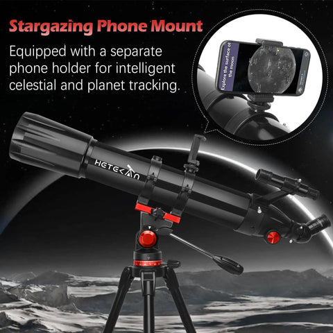90Mm Aperture Refractor Telescope For Adults Kids And Beginners With 900Mm Focal Length 450X Magnification on tripod with phone mount