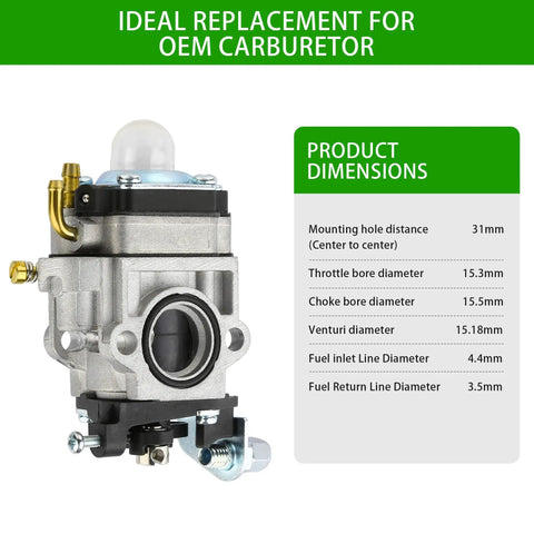 All In One 2 Stroke Carburetor Kit Replacement For 43cc 47cc 49cc 50cc 52cc Engines dimensions and mounting hole
