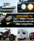 2 Pin DT Waterproof Connector Kit, 28 sets visible with cars, boat, motorcycle, and truck showcasing wiring application.