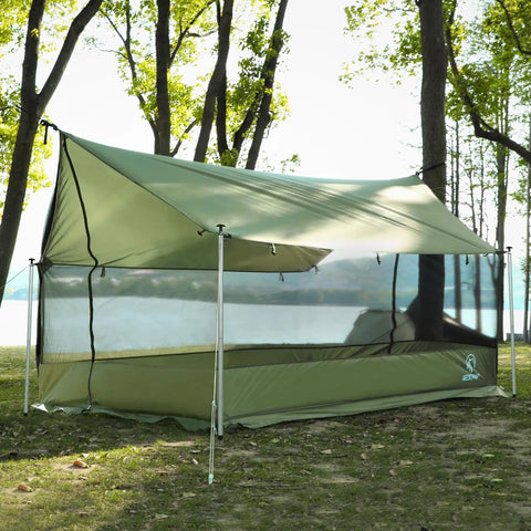 Bug Proof Camping Screen Tent With Mosquito Netting, Spacious 11.8 By 6.6 By 6.2 Ft Interior, set up in wooded area