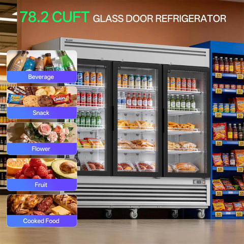 Sleek Stainless Steel Commercial Beverage Cooler With Tempered Glass Front And Bright Led Strip Badass Upright Drink Fridge Plug And Play 78 Cubic Feet showcasing beverages, snacks, and food items.