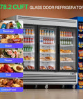 Kickin Cold Three Door Commercial Beverage Refrigerator With Tough Stainless Steel Frame, showcasing 78.2 cuft beverage and snack options.